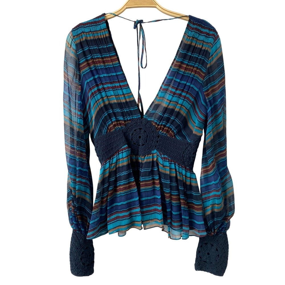 Maxazria Collection Y2K Boho Chic Babydoll Silk Blouse Women S Blue Crochet Cuff